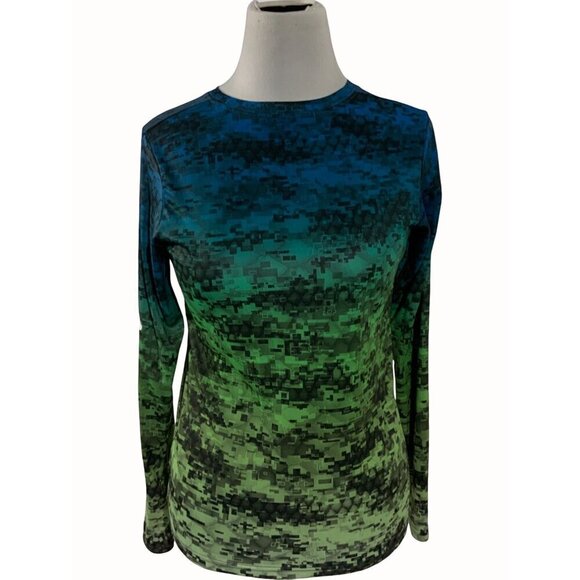 Columbia Girls Blue Green Geometric Long Sleeve Tee Large Omni Wick Technology - Picture 1 of 9